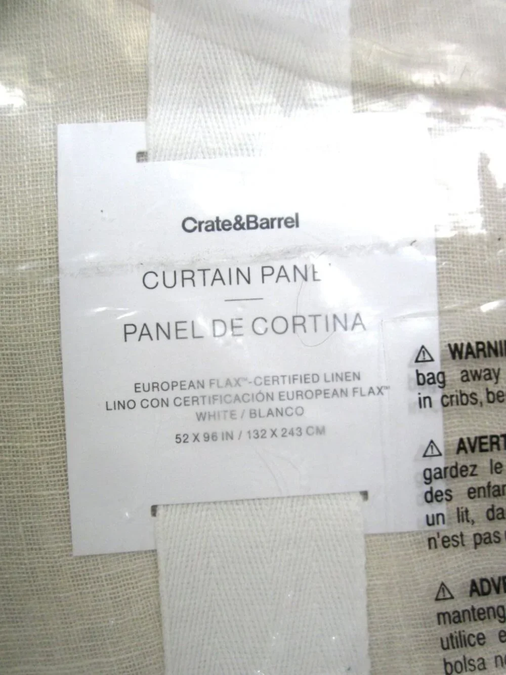 Crate and Barrel NEW 52x96European Flax Linen Sheer Curtain Panel White Natural